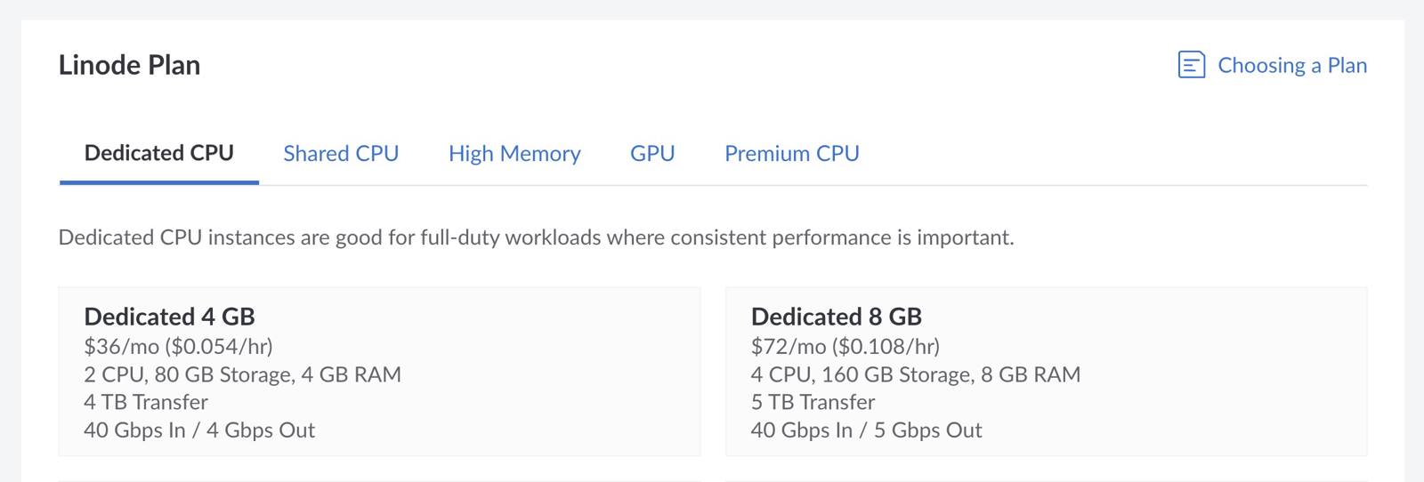 Plan selection in Cloud Manager